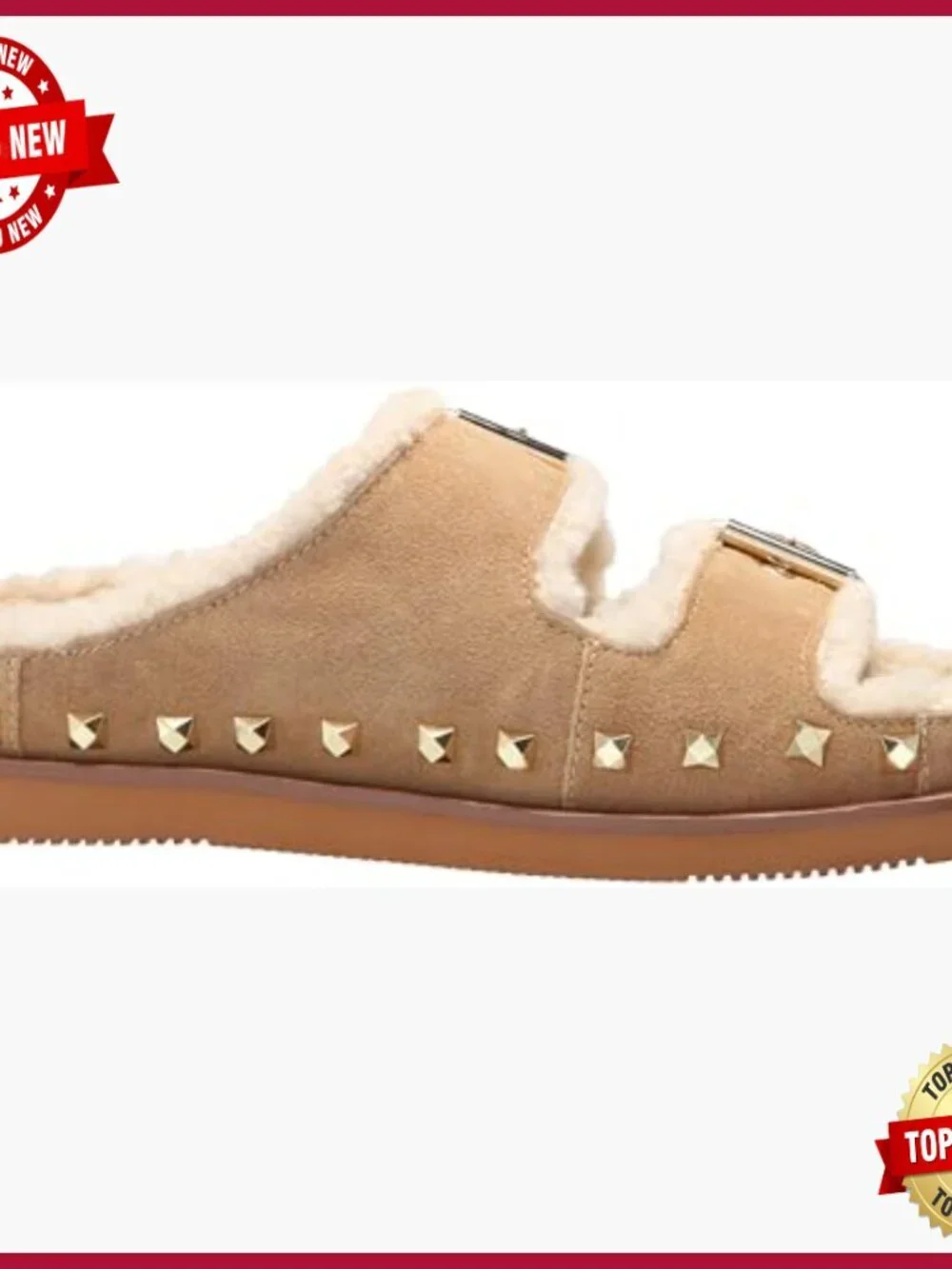 Suede Slide Sandals with Faux Fur Lining, Double Buckle, Studded Trim, Flat
